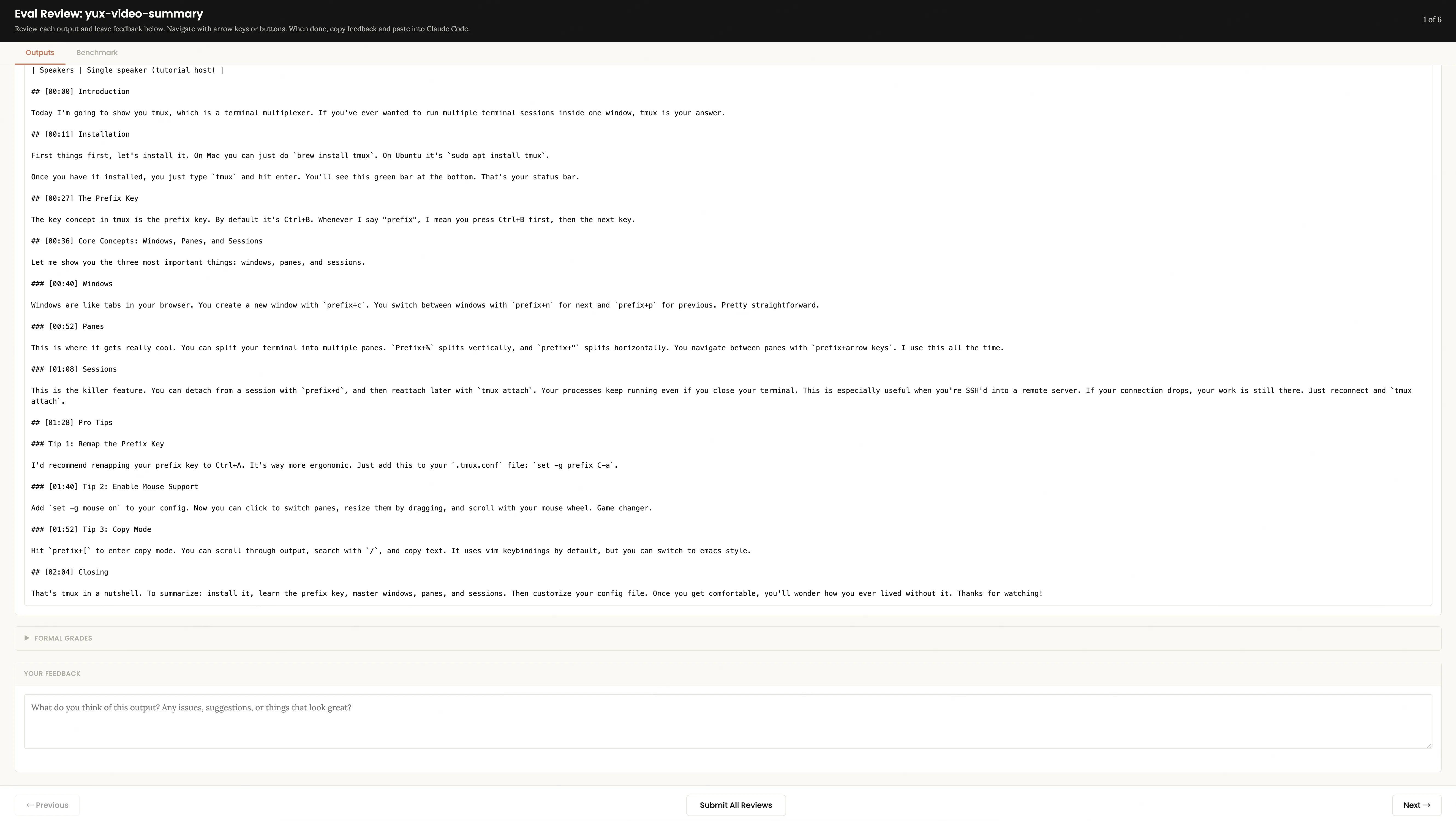Eval Viewer 的 Outputs 选项卡