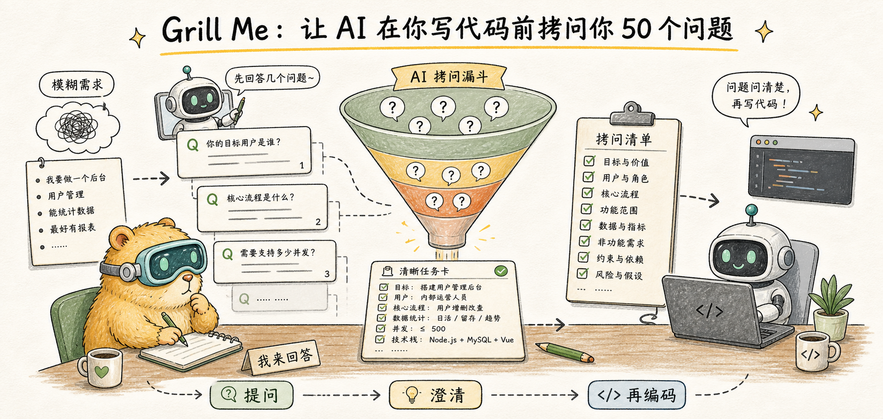 Grill Me: deja que la IA te haga 50 preguntas antes de escribir código 的文章封面图