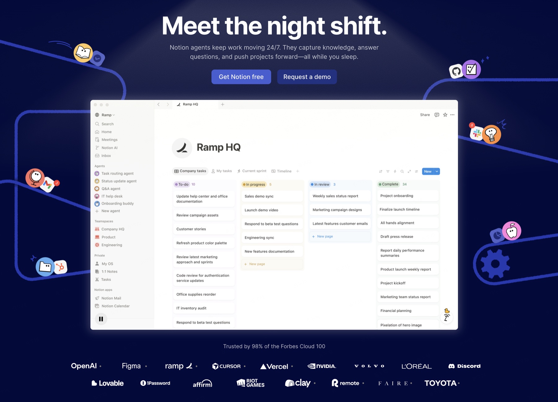 Notion 官网 Hero 区：Meet the night shift——Notion agents keep work moving 24/7