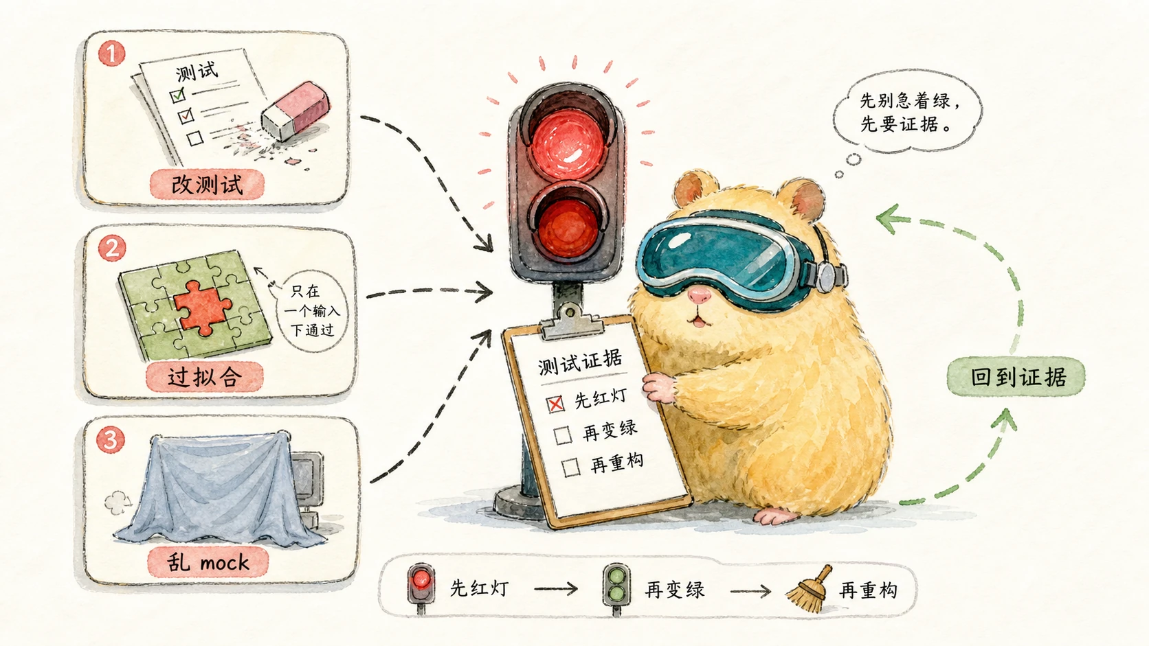 手绘三种 AI 绕过 TDD 的方式:改测试、过拟合、乱 mock,作者头像角色拿着检查清单