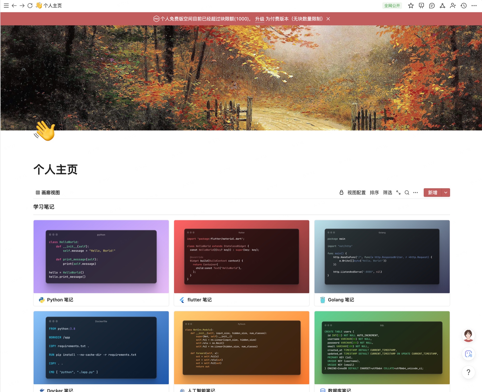wolai 个人主页：学习笔记画廊视图，含 Python、Flutter、Golang、Docker、人工智能、数据库等多个分类