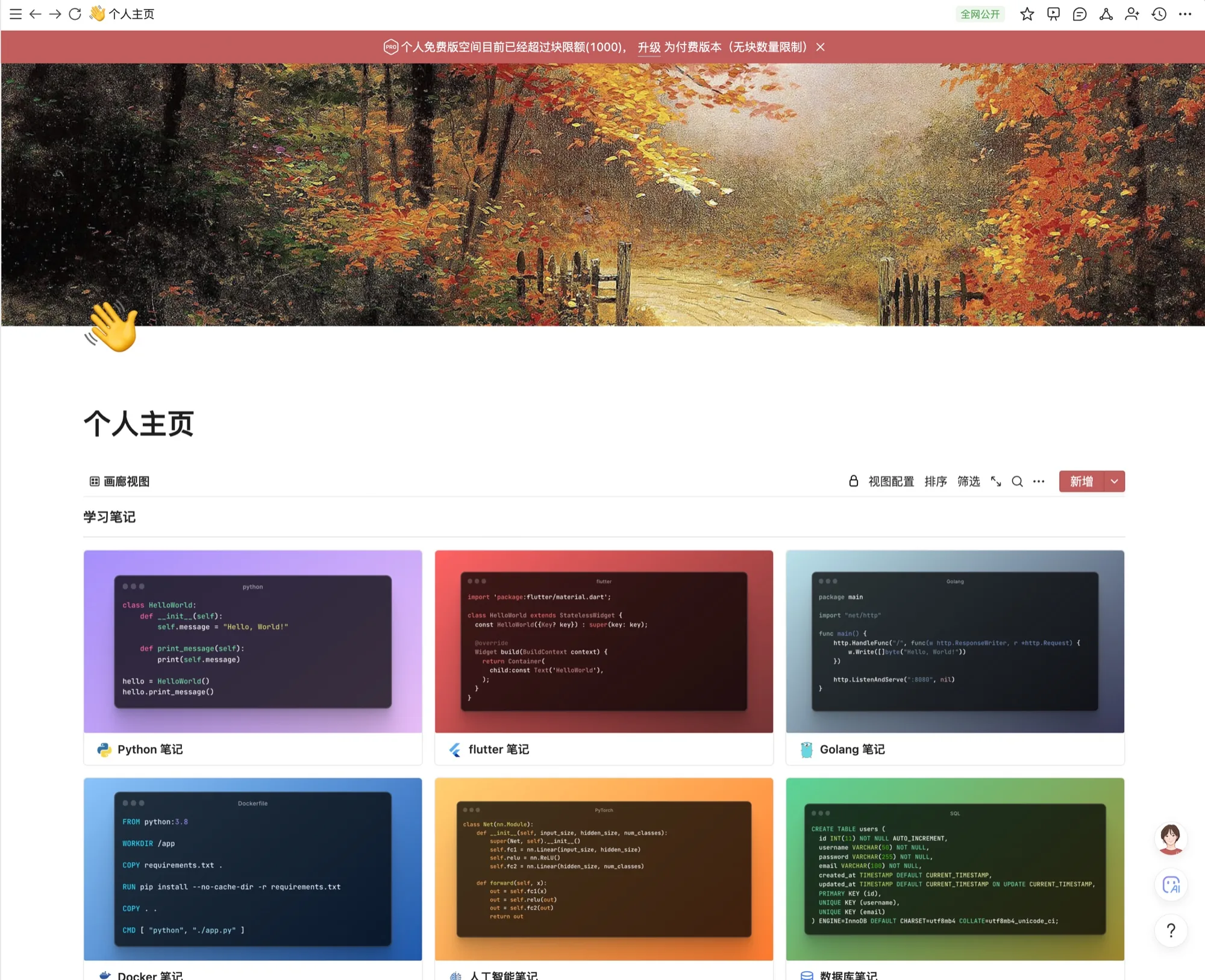 wolai 个人主页：学习笔记画廊视图，含 Python、Flutter、Golang、Docker、人工智能、数据库等多个分类