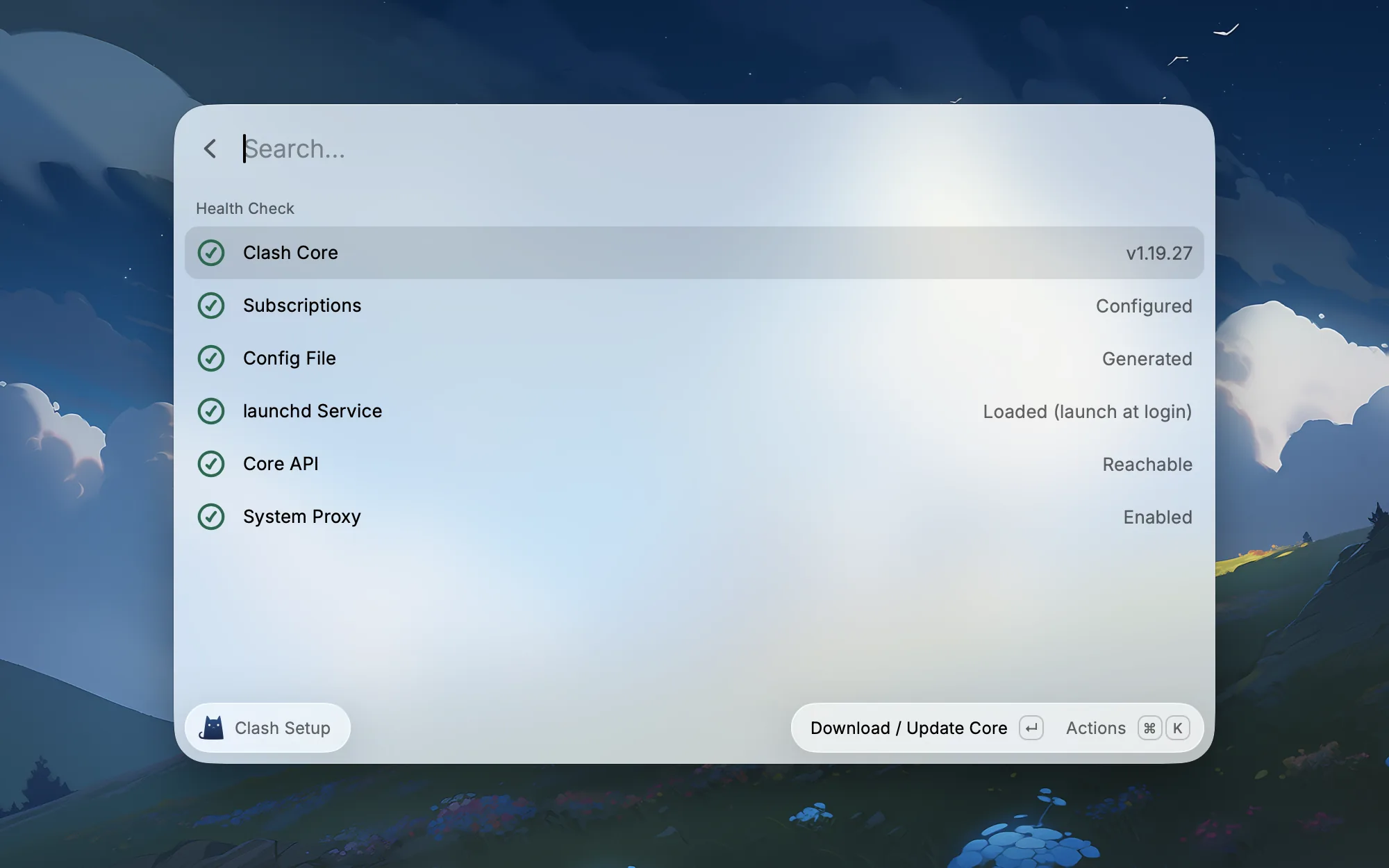 Clash Setup 健康检查显示 core、subscriptions、config file、launchd service、core API 和 system proxy 都已就绪