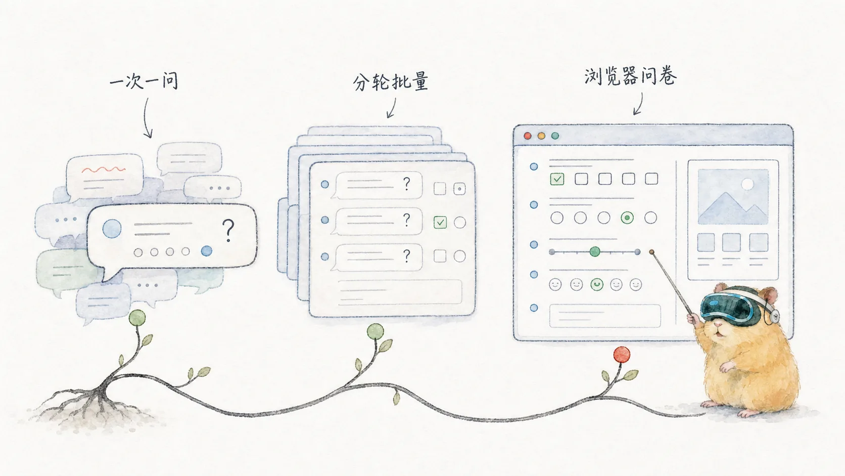 手绘对比图：从一次一问、分轮批量，到浏览器问卷