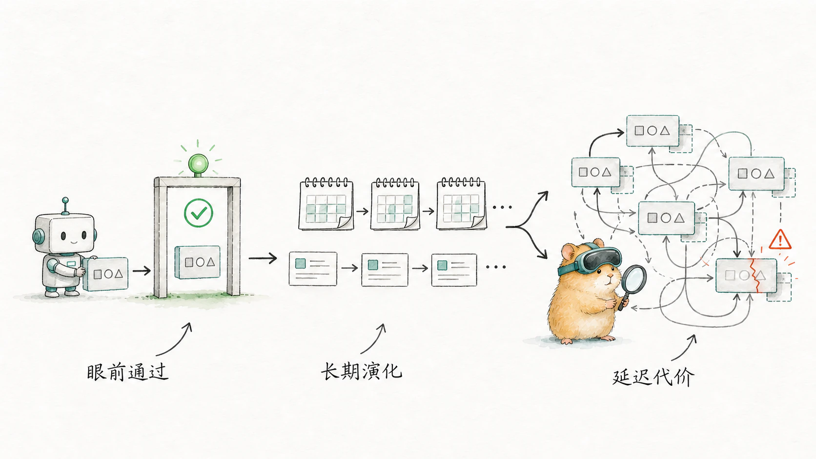 Coding Agent 让眼前测试通过后,代码库随多轮需求长期演化,调用关系逐渐纠缠并暴露延迟出现的维护代价